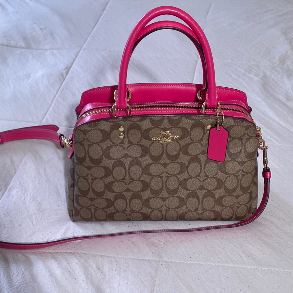 Coach Brown and Pink Satchel with Signature Monogram